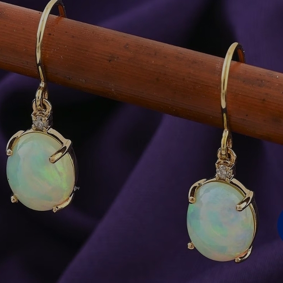 welo Jewelry - Luxoro AAA Ethiopian Welo Opal and G-H I2 Diamond 3.50 ctw Earrings in 10kt Gold